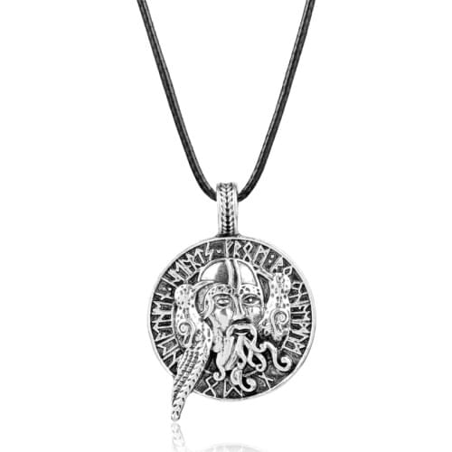 Retro Pendant Necklaces Norse Vikings Warrior Head with Crow Talisman Round Totem Rope Chain Viking Amulet Pendants Necklace Y1