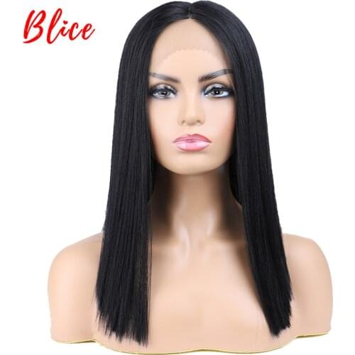 Blice Short Bob Lace Front Synthetic Hair Wigs Natural Black Yaki Straight Middle Part Wig for Women