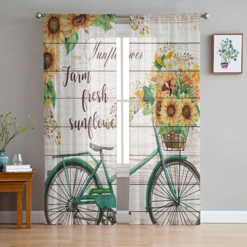Sunflower Bike Farm Wood Plank Texture Voile Tulle Sheer Curtains for Bedroom Living Room Kitchen Decor Chiffon Windows Curtain