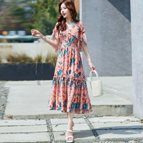 Plus Size Temperament Waist New Short-Sleeved Flower Chiffon Summer Elegant Soft Net Gauze Women Cocktail Dresses 1960