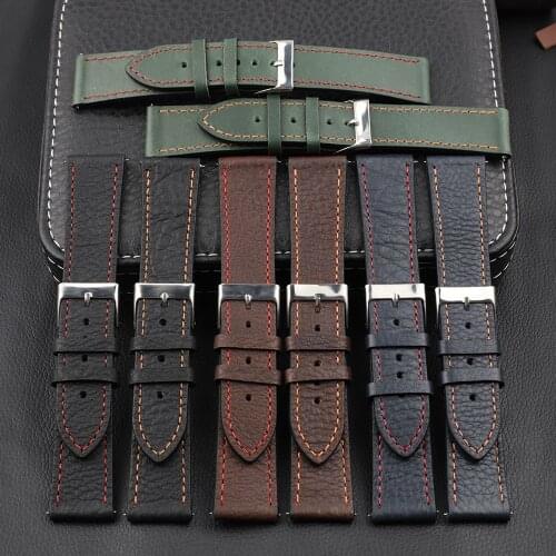 Lychee Pattern Leather Watch Strap 18mm 20mm 22mm 24mm Handmade Stitching Watchband Quick Release Spring Bar Replacement Belt