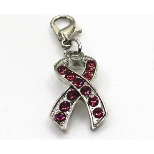 Pink Crystal 10pcs Crystal Cancer Ribbon charms lobster clasp charm dangle charms DIY bracelets hanging charms jewelry accessory
