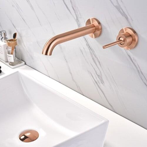 Bathroom Basin Faucet Total Brass Sink Mixer Tap Hot & Cold In-Wall Single Handle 2 Holes Lavatory Basin Tap Rose gold Torneira