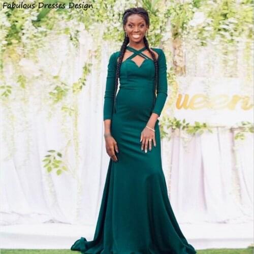 Dark Green Mermaid Prom Dresses Long Sleeve 2021 African Women Vestidos V-neck Long Wedding Party Dress Designer