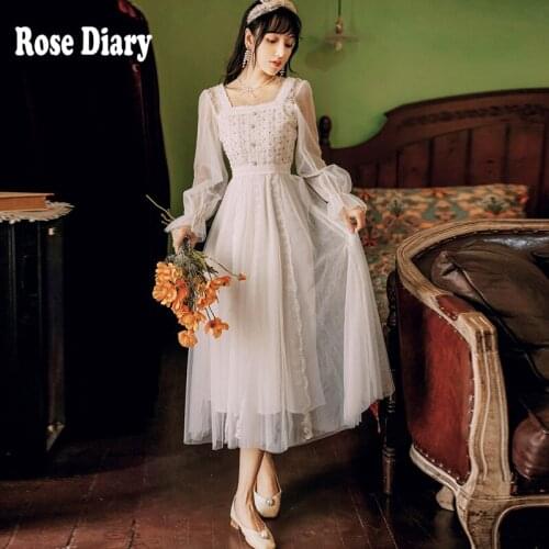 RoseDiary Vintage Elegant Soft Egirl Lace Embroidery White A Line Dress Sweet Girl Summer Casual Dress Retro Party Dresses