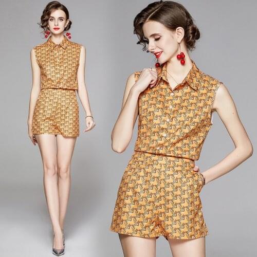 England Style Design Print Short Set Women Matching Set 2021 Sleeveless Summer Button Shirt Tops and Shorts Two Piece Set Outfit