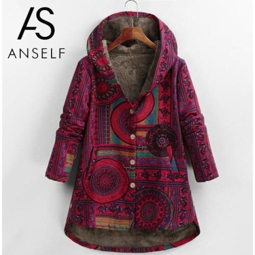 Plus Size Winter Coat Women Faux Fur Coat Women Vintage Geometric Print Overcoat Button Hooded Long Sleeves Pockets Cotton Parka