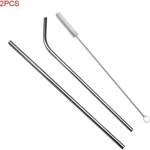 2 Pieces 21.5cm Stainless Steel Reusable Drinking Bottle Straight Bend Straw Soft Tube Brush Cleaner