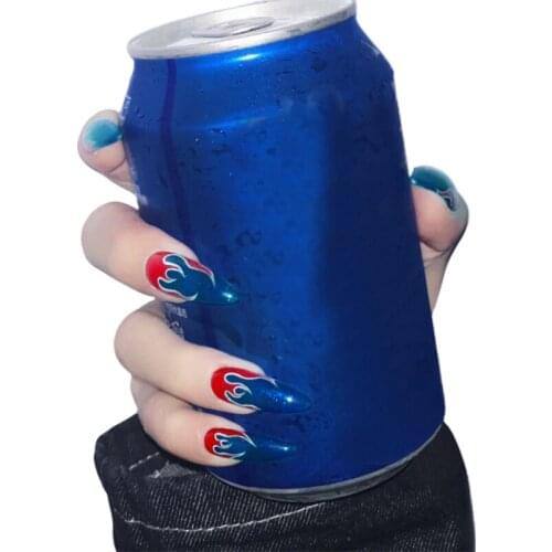 24pcs Special Design Long Pointed Head Fake Nails With Glue Red Flame Water Drop Wearable Press On Nails Finished Fingernails DL