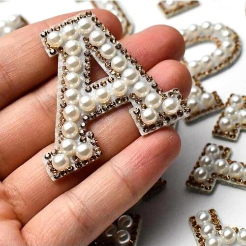 A-Z iron-on patches Letters Patches jeans badge applique Pearl Rhinestones Handmade Alphabet Appliques