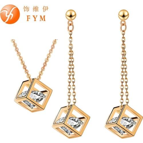 FYM High quality 2 Colors Necklace + Earrings Crystal Zirconia Pendants Stud Earring Sets Wedding Bridal Jewelry set For Women