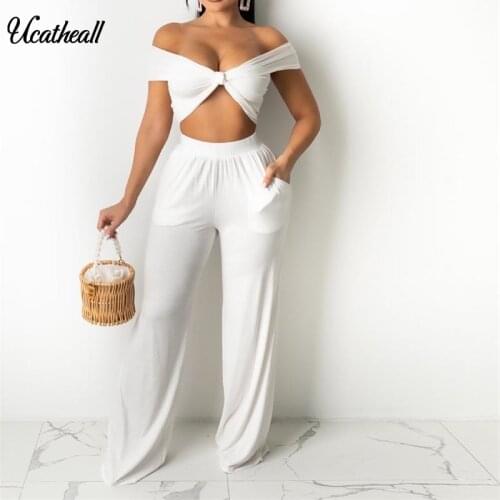 New Summer Fashion Off Shoulder Short Top + High Waist Wide Leg Pants Two Piece Set Backless Outfits Streetwear Matching Set