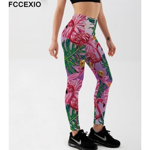 FCCEXIO Soft Stretch Fitness Pink Flamingos Print Leggings Women Workout Legging Fashion Jeggings Women High Waist Pants Mujer
