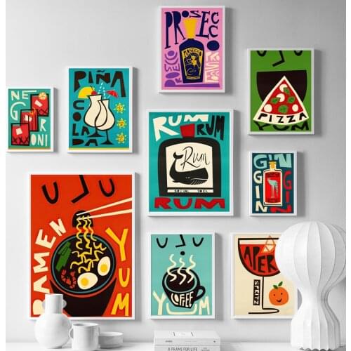 Cartoon Fruit Juice Rum Food Coffee Geneva Wine Wall Art Canvas Painting Nordic Poster Club Bar Decor Pictures For Living Room