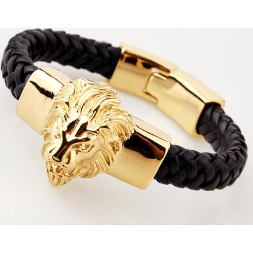 8.66"*15mm 69g Top Design 316L Stainless Steel Gold Lion Biker Jewelry Genuine Black Leather Mens Boys Bracelet Bangle