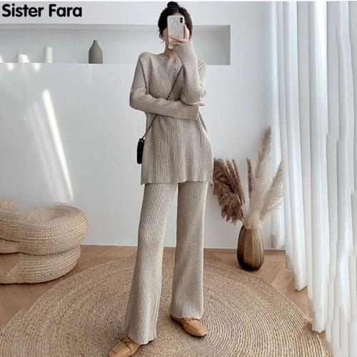 Sister Fara New Womans Wide Leg Jogging Pants O-Neck Pullover Sweater Set Knitted Outwear+2Pieces Set Female Knitted Sweater