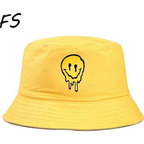 Black Solid Bucket Hat funny smile print Unisex Bob Caps Hip Hop Gorros Men women Summer Panama Cap Beach Sun Fishing boonie Hat