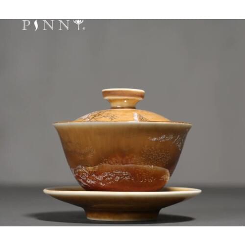 PINNY Porcelain Painted Gold Landscape Cover Gaiwan Pigmented Ceramic Kung Fu Tea Tureen Antique Chinaware Tea Bowl