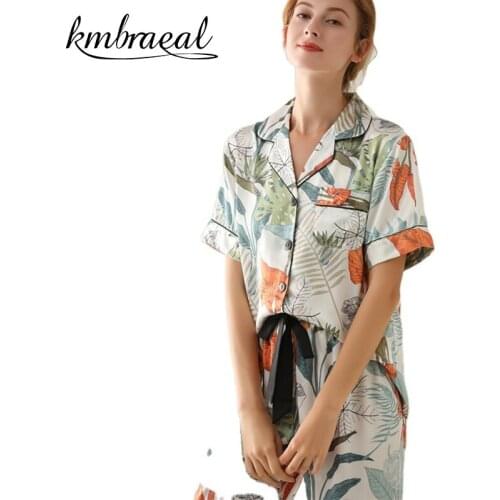 New Pajamas for Women Emulation Silk Summer Short Sleeve Trousers Pajama Soft Two Piece Set Print Sleepwear Homewear Plus Size