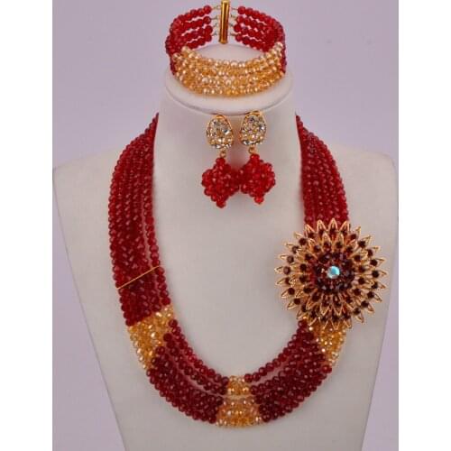Lovely wine and champagne gold ab nigerian beads african wedding necklace jewelry set 5C-SSJ-07