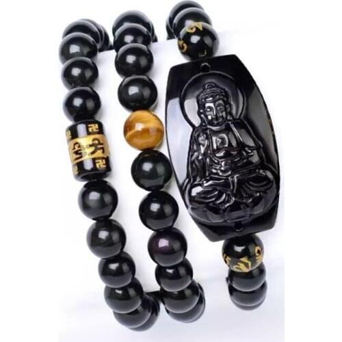 Drop shipp Black Obsidian Beaded Bracelet Hand Carved Buddha Bracelet Amulet Buddhism Zodiac Patron Saint Bracelet