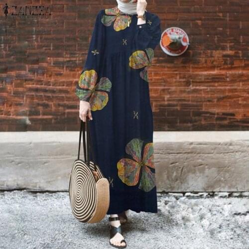 Morocco Abaya Hijab Long Dresses ZANZEA Elegant Women Print Dress Spring Kaftan Maxi Vestidos Casual Puff Sleeve Long Sundress