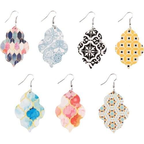 ZWPON Baroque Design Square Pattern Vegan Leather Drop Earrings Paisley Printed PU Leather Drop Earrings for Woman Jewelry