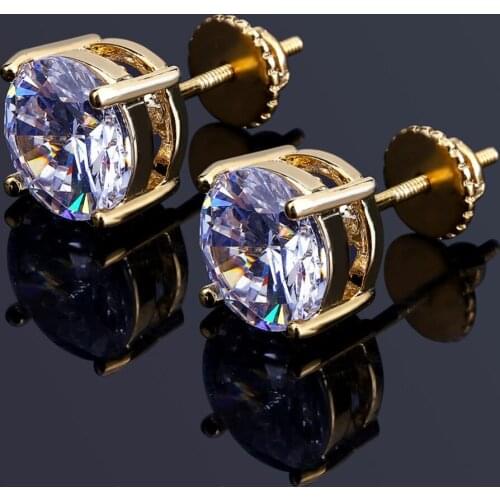 8mm Hot Sale Gold Silver Color Iced Out Cubic Zircon Round Men Crystal Earrings Stud Screw Back Hip Hop Boucles d oreille Femme