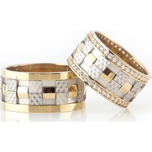Tesbihane Modern Checkered Design Gray-Gold Color 925 Sterling Silver Couple Wedding Rings