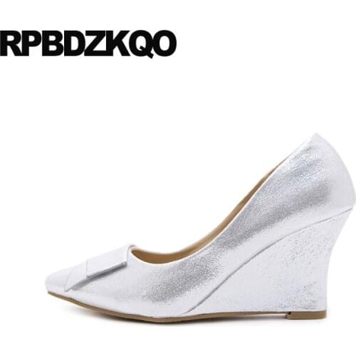 Silver Gun Color Gold Pumps Heels Pointed Toe Shoes Slip On Medium Golden Size 33 4 34 Cheap Glitter High 8cm Women Wedge Black