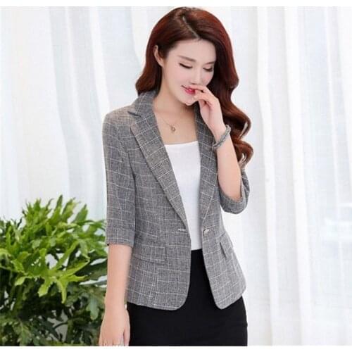 S-3XL Fashion New Women Nine Point Sleeve Small Suit Office Ladies Short Jacket Slim Casual Suit Plaid Top Coat