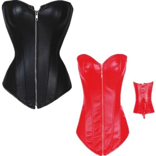 Plus Size Push Up Women Faux Leather Corset Black Red Steampunk Zipper Body Shapewear Waist Cincher Bustier Corset With G String