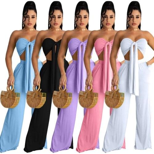 Womens Fashion Sexy SleevelessSlim Body TieStrapless JacketBack Casual Straight Trousers Two-piece Set Of2021Europe America New