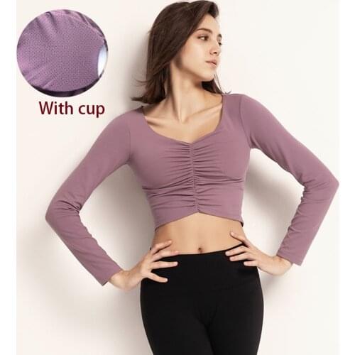 Women fitness crop top long sleeve sports with cup padded women gym Clothes Fitness t-shirt workout gym running basic body tees
