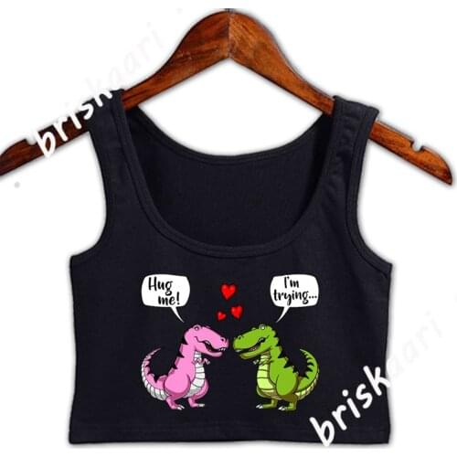 Cute T Rex Dinosaur Hug Me Couple Crop Top Women New Style Graphic Knitted Cool O-Neck Leisure Summer Style Tops Vest