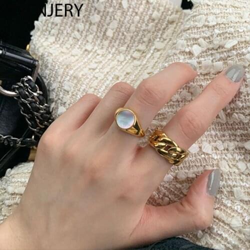 ANENJERY 925 Sterling Silver Hip Hop Thick Chain Natural Shell Ring for Women Adjustable Gold Silver Color Width Ring S-R1004