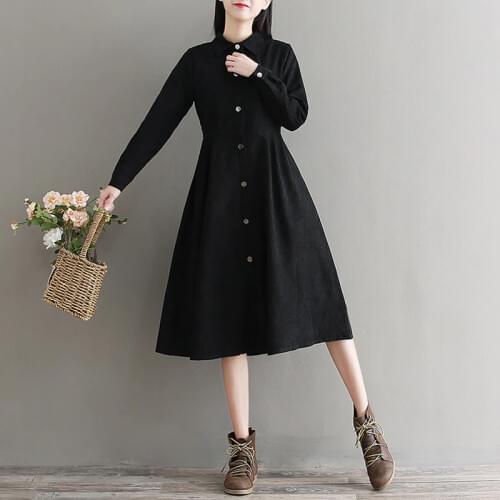Black Shirt Dress 2019 Spring Autumn Robe Vintage Femme A Line Cotton Linen Single-Breasted New Dresses Women 2019 DD1673 S