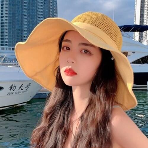 2021 Summer Elegant Womens Panama Hat Big Eave Sun Hats Foldable Female Beach Hat Wind Rope Fixed Women Travel Sunscreen Hats