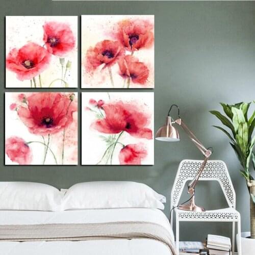 4 Piece Minimalist Red Poppy Canvas Painting Abstract Watercolor Flower Poster Print Wall Picture for Living Room Cuadros Decor