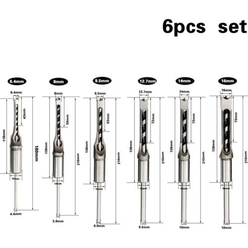 6PCS Woodworking Rotary Bit Set Square Hole Square Bit Set Mortise Chisel Extended Twist Bit Saw Drill Hand Tool Hole Opener
