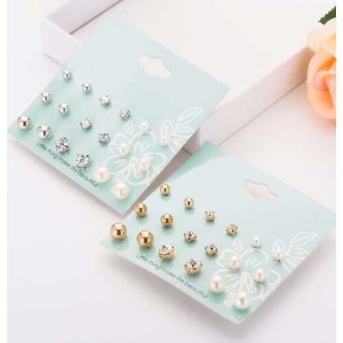 9 Pairs/Set Simulated Pearl Earrings For Women Fashion Mix Round Ball Square Crystal Stud Earring Sets Brincos Pendientes Mujer