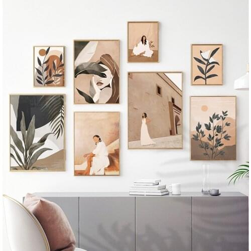 Abstract Girl Leaf Flower Mountain Retro Wall Art Canvas Painting Nordic Posters And Prints Wall Pictures For Living Room Decor