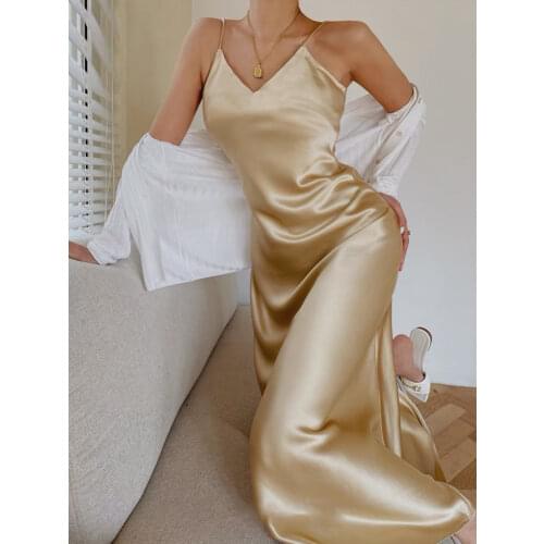 Satin dress woman sexy thin straps spaghetti open back summer long dress female high elastic elegant tight party dress pajama