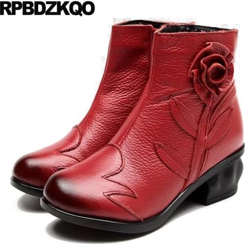 Women Ankle Boots Medium Heel Chunky Winter Flower Applique Chinese Shoes 2021 Short High Cheap Booties Round Toe Waterproof Red