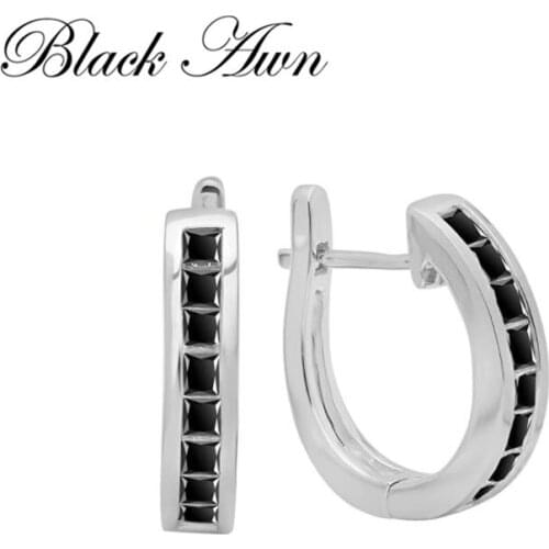 Black Awn New Classic 925 Sterling Silver Round Black Trendy Spinel Engagement Hoop Earrings for Women Fine Jewelry I194