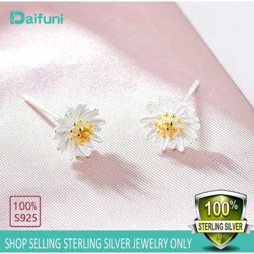 Daifuni SHE 100% 925 Sterling Silver Chrysanthemum Daisy Flower Small Stud Earrings For Women Fashion Earrings Silver Jewelry