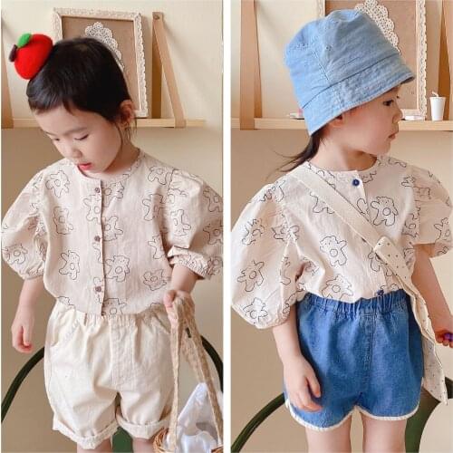 Kids Clothing 2 3 4 5 6 7 Y Toddler Girls Shirts Summer New Kids Girls Korean Cartoon Print Blouse Baby Cute Puff Sleeve Shirts
