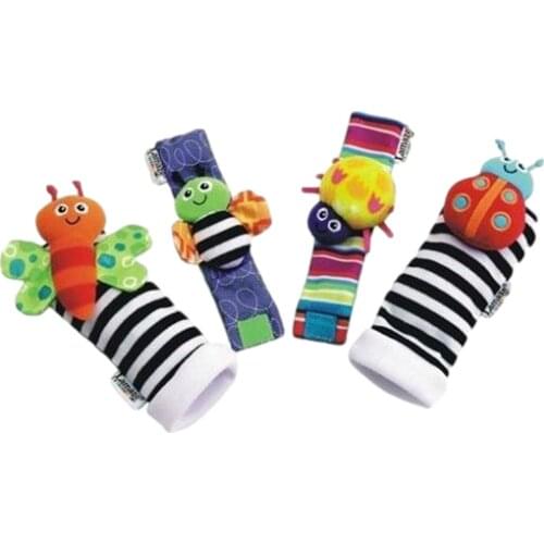 0-12 Months Cartoon Plush Socks Wrist Strap Rattles Animal Sock Foot Toys 4pcs Soft Rattle Gift Baby Toys Newborn Infant Kids