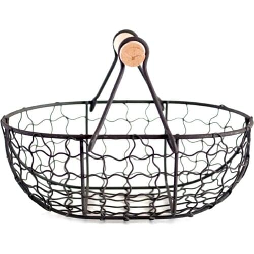 Wooden Handle Metal Retro Basket Portable Multi-Function Vegetable Fruit Egg Groceries Practical Storage Basket Organizer Black