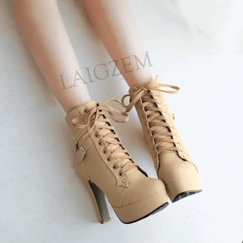 LAIGZEM Cool Women Platform Boots Motorcycle Thick Heels Boots Lace Up Buckles Stylish Shoes Bota Feminina Small Big Size 32-48
